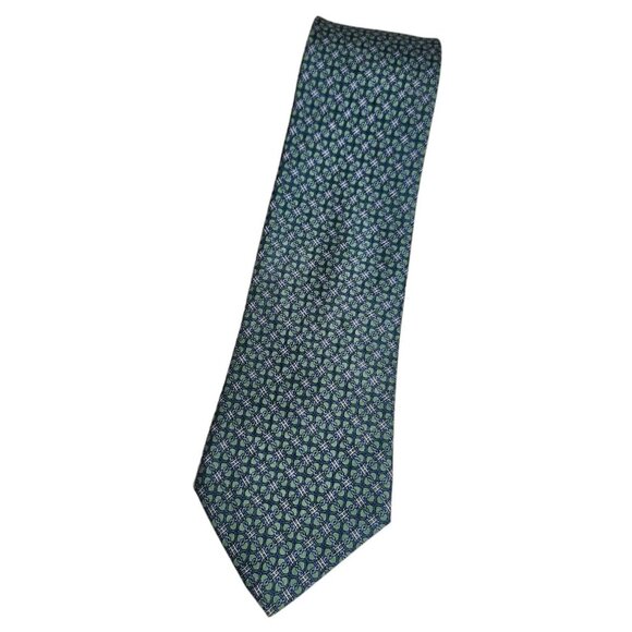 HERMÈS Men's 100% Silk Necktie LUXURY 7097 OA Green Chain Monogram W:3.4" EUC
